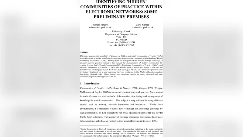 Identifying Hidden Communities of Practice within Electronic Networks:   Some Preliminary Premises