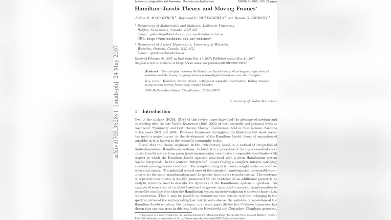 Hamilton-Jacobi Theory and Moving Frames