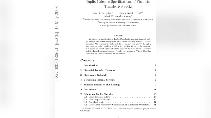 Tuplix Calculus Specifications of Financial Transfer Networks