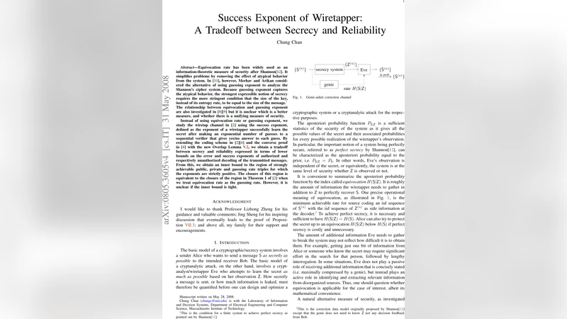 Success Exponent of Wiretapper: A Tradeoff between Secrecy and   Reliability