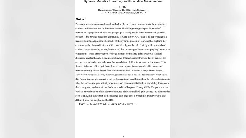 Dynamic Models of Learning and Education Measurement