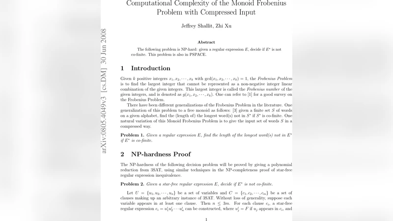 An NP-hardness Result on the Monoid Frobenius Problem