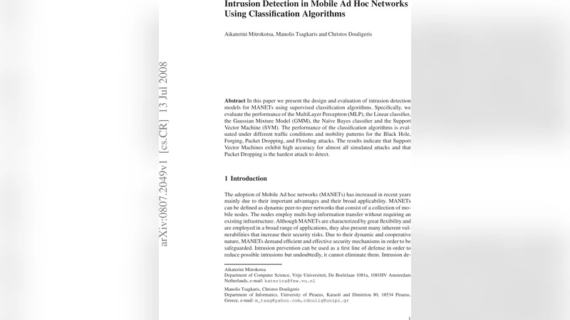 Intrusion Detection in Mobile Ad Hoc Networks Using Classification   Algorithms