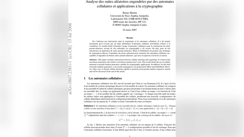 Analyse des suites aleatoires engendrees par des automates   cellulaires et applications `a la cryptographie