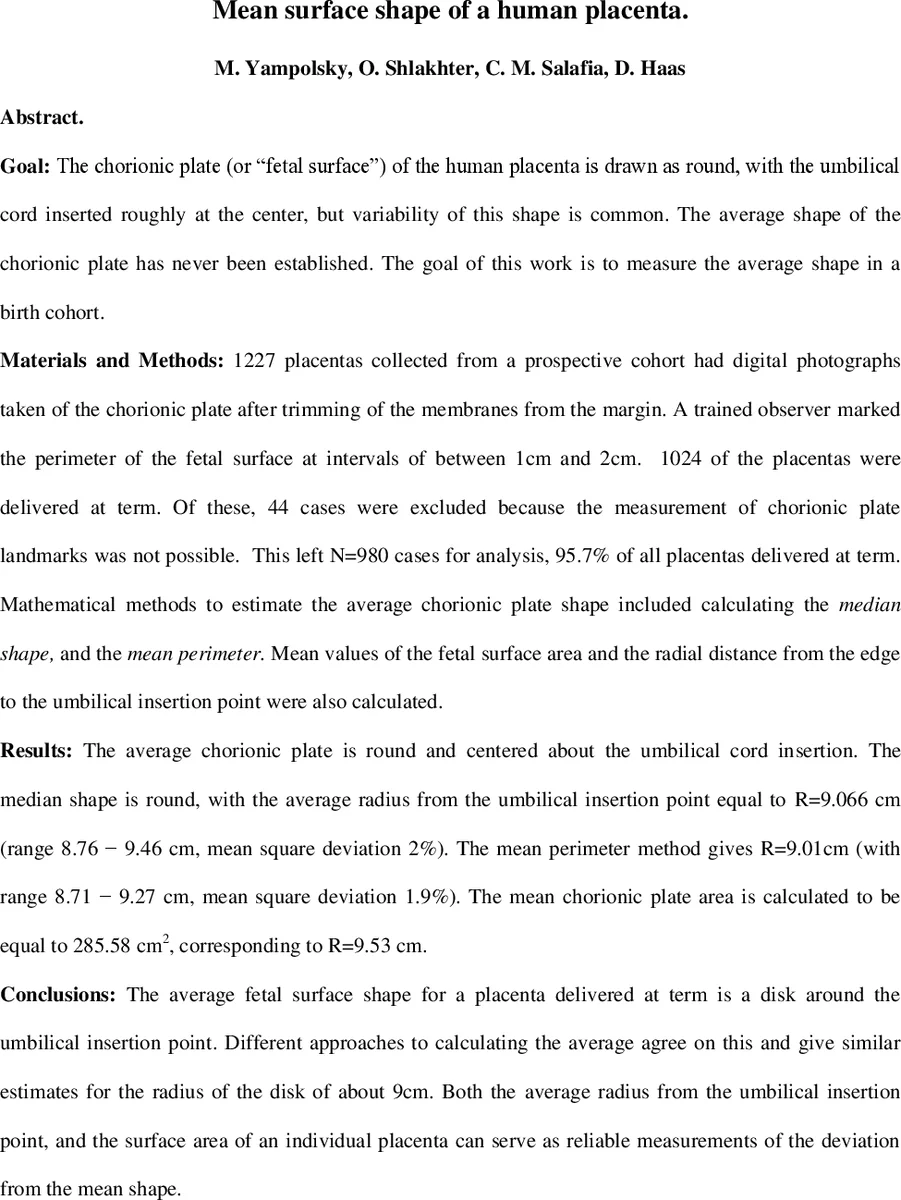 Mean surface shape of a human placenta