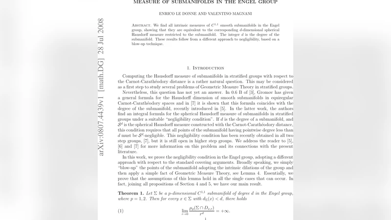 Measure of submanifolds in the Engel group