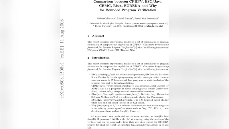 Comparison between CPBPV, ESC/Java, CBMC, Blast, EUREKA and Why for   Bounded Program Verification