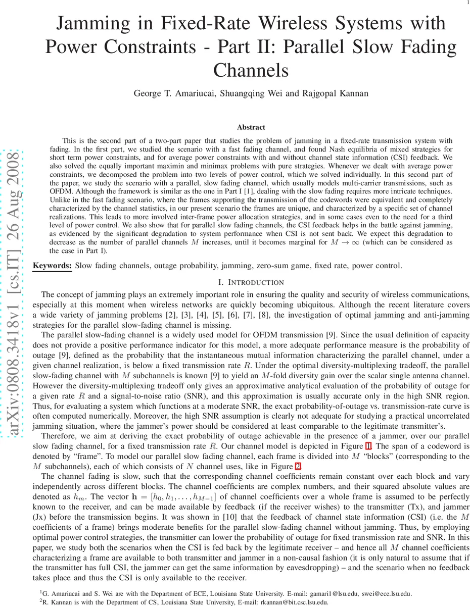 Jamming in Fixed-Rate Wireless Systems with Power Constraints - Part II:   Parallel Slow Fading Channels