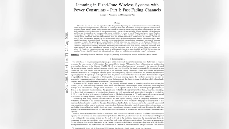 Jamming in Fixed-Rate Wireless Systems with Power Constraints - Part I:   Fast Fading Channels