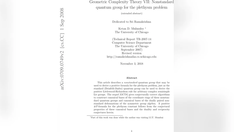 Geometric Complexity Theory VII: Nonstandard quantum group for the   plethysm problem