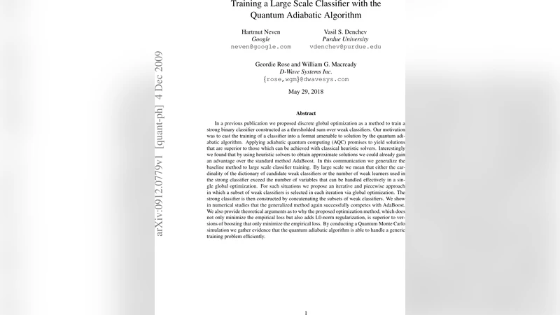 Training a Large Scale Classifier with the Quantum Adiabatic Algorithm