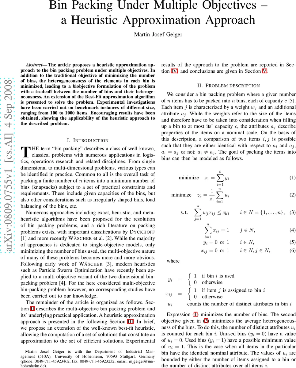 Bin Packing Under Multiple Objectives - a Heuristic Approximation   Approach