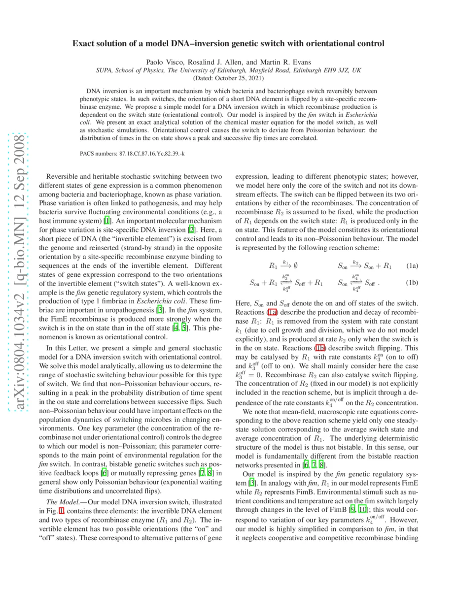 Exact solution of a model DNA-inversion genetic switch with   orientational control