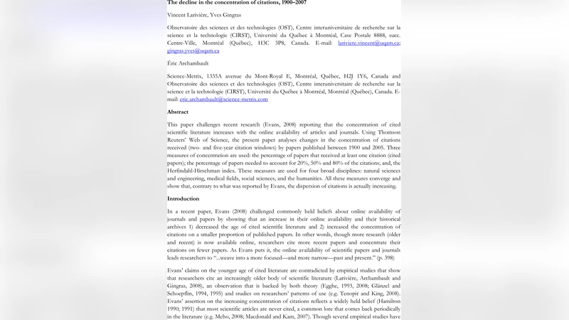 The decline in the concentration of citations, 1900-2007