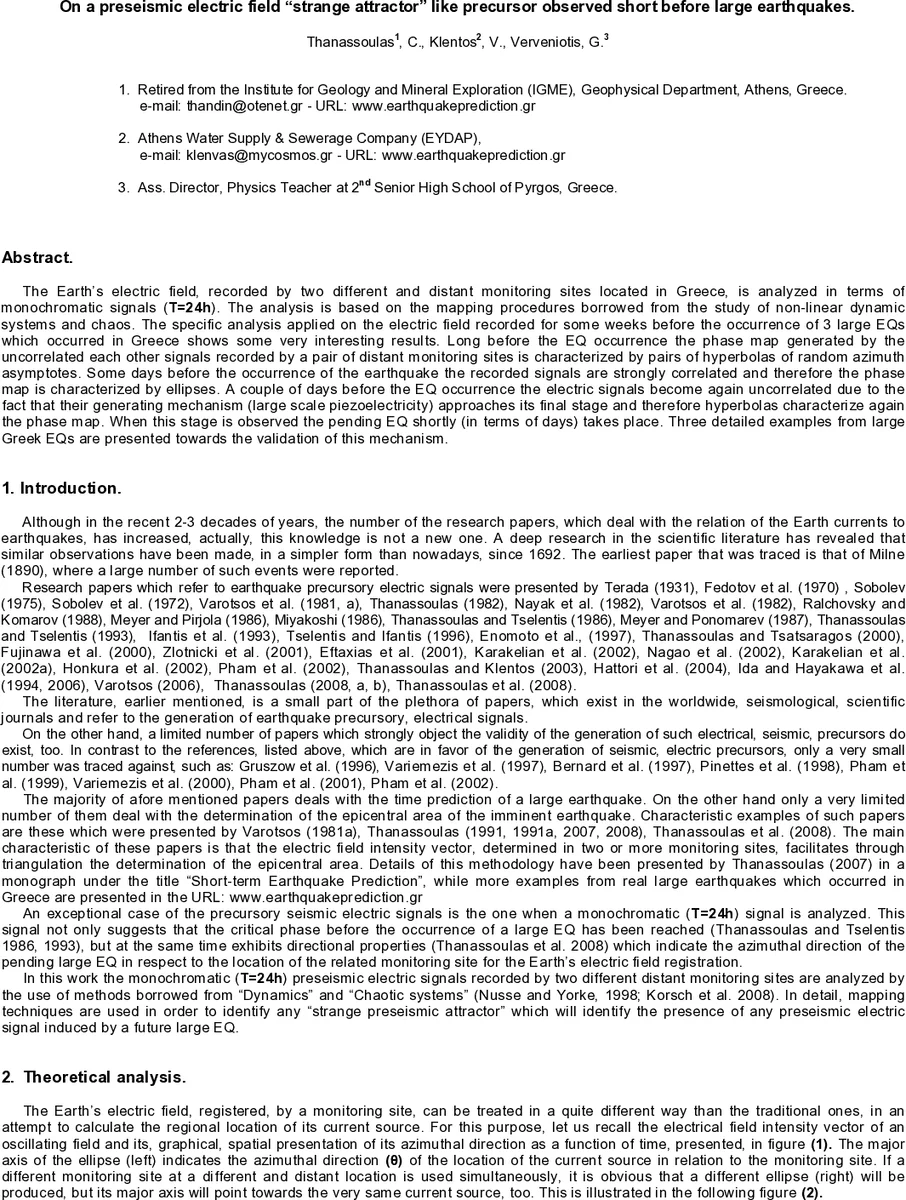 On a preseismic electric field "strange attractor" like precursor   observed short before large earthquakes