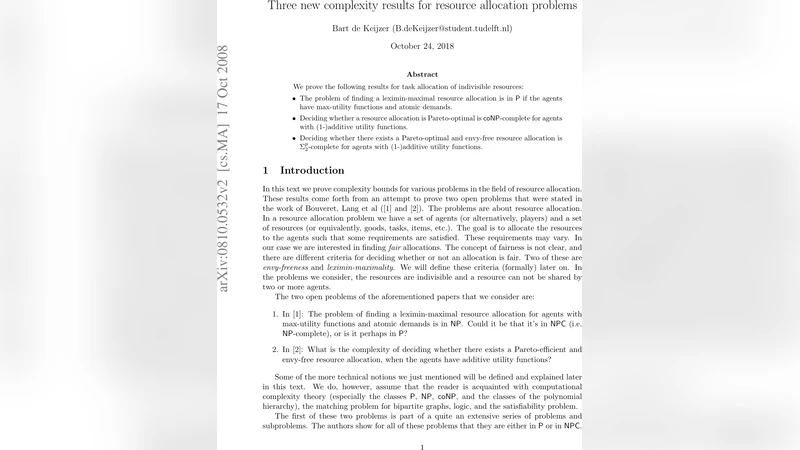 Three New Complexity Results for Resource Allocation Problems