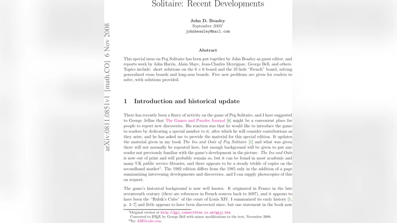 Solitaire: Recent Developments