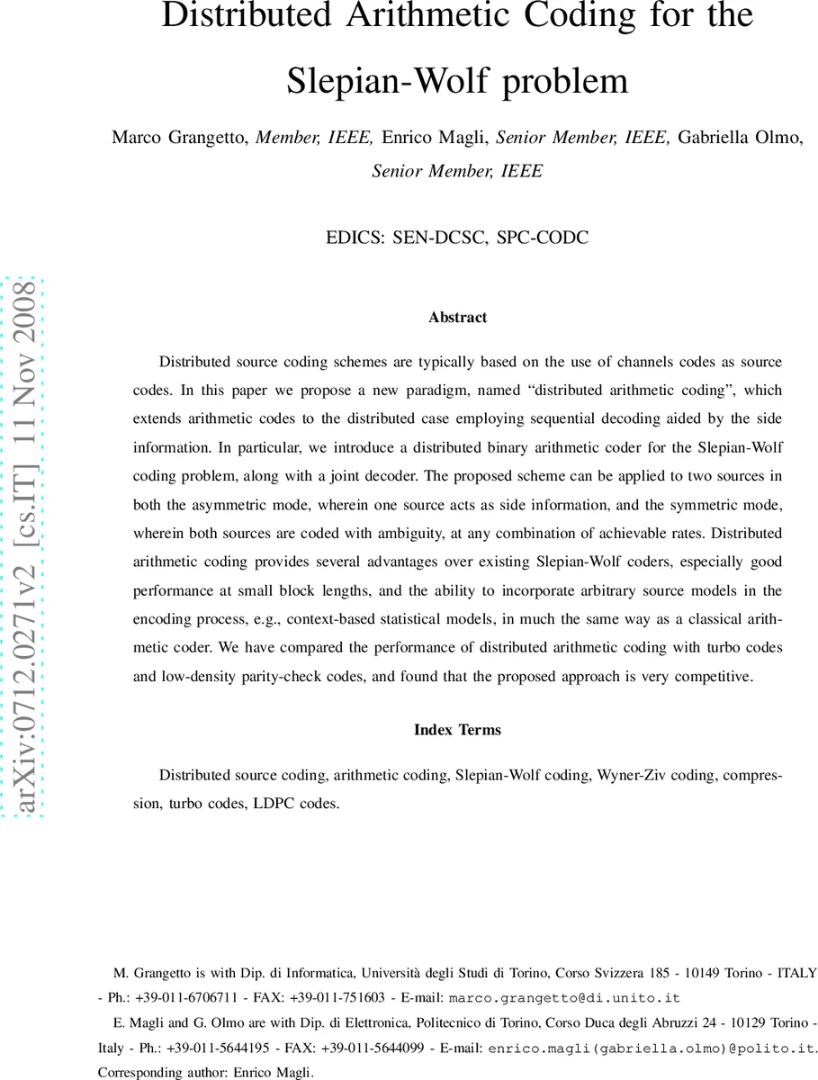 Distributed Arithmetic Coding for the Asymmetric Slepian-Wolf problem