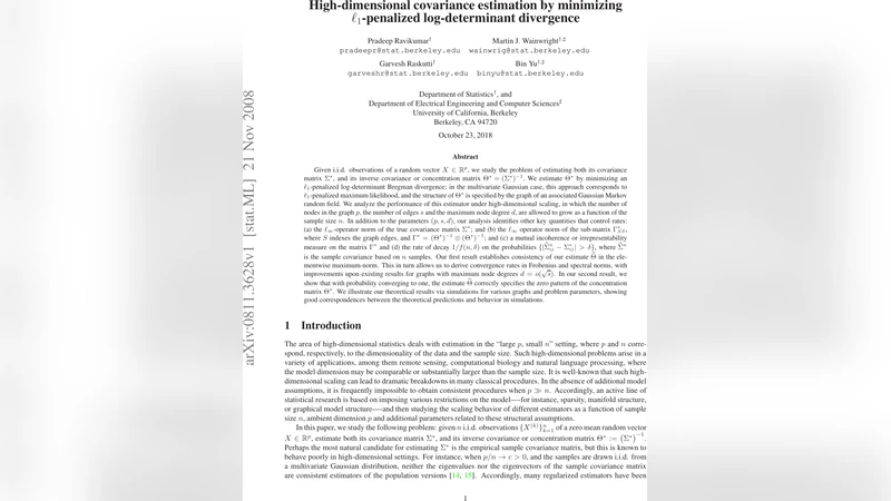 High-dimensional covariance estimation by minimizing $ell_1$-penalized   log-determinant divergence