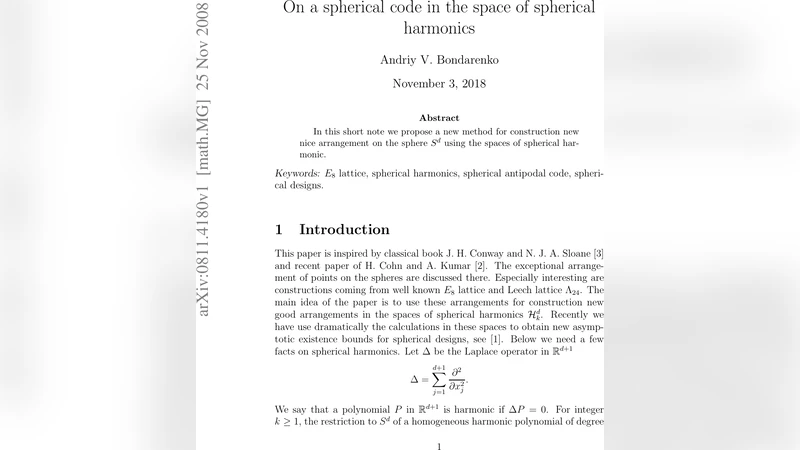 On a spherical code in the space of spherical harmonics