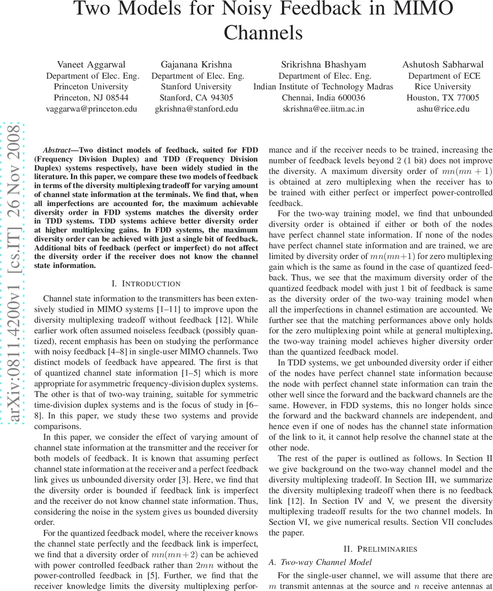 Two Models for Noisy Feedback in MIMO Channels