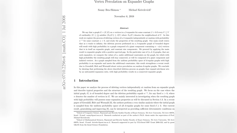 Vertex Percolation on Expander Graphs