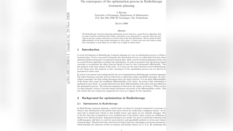 On convergence of the optimization process in Radiotherapy treatment   planning