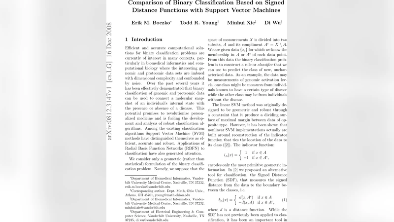 Comparison of Binary Classification Based on Signed Distance Functions   with Support Vector Machines
