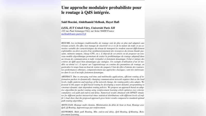 Une approche modulaire probabiliste pour le routage `a Qualite de   Service integree