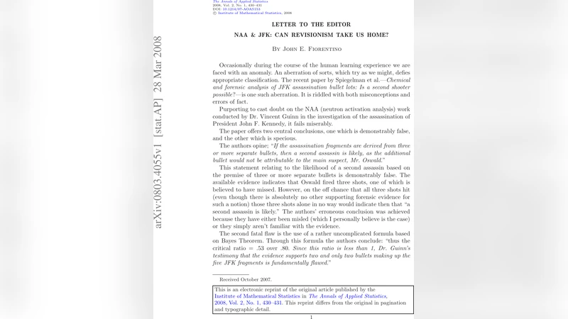 Letter to the editor. NAA and JFK: Can revisionism take us home?