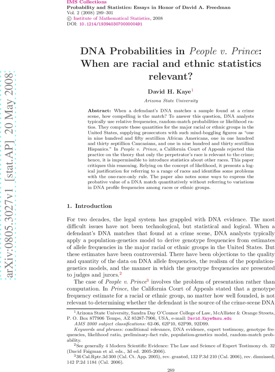 DNA Probabilities in People v. Prince: When are racial and ethnic   statistics relevant?