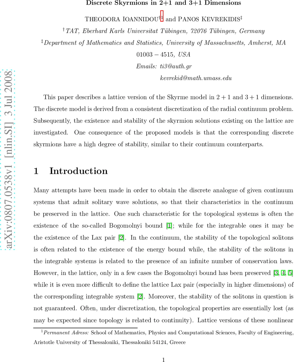 Discrete Skyrmions in 2+1 and 3+1 Dimensions