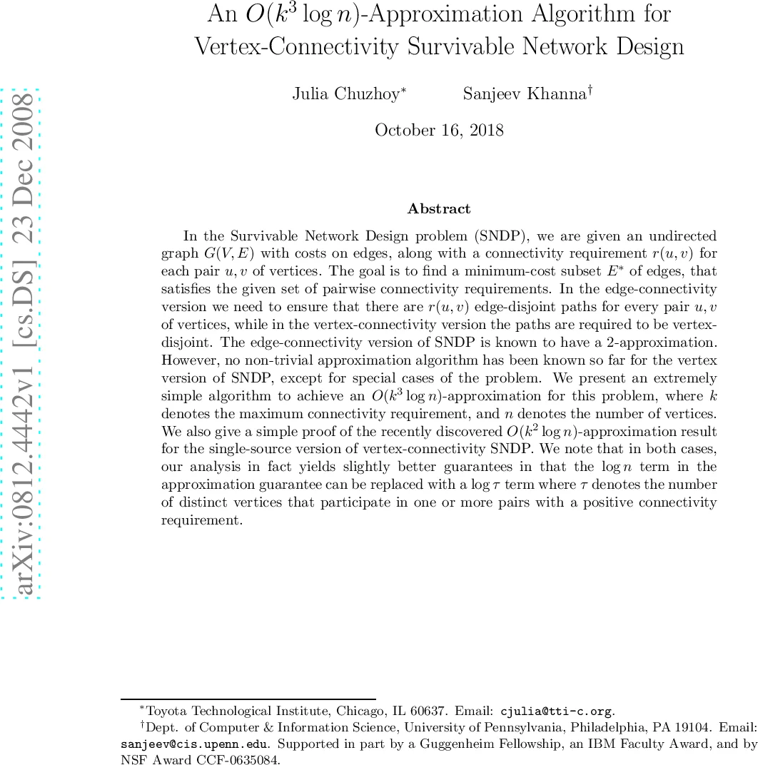An $O(k^{3} log n)$-Approximation Algorithm for Vertex-Connectivity   Survivable Network Design
