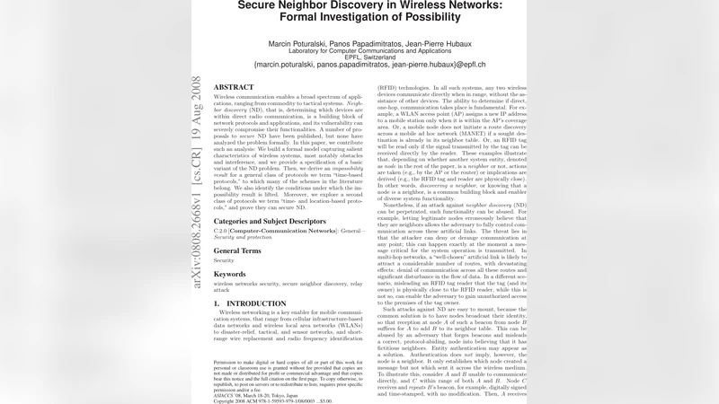 Secure Neighbor Discovery in Wireless Networks: Formal Investigation of   Possibility