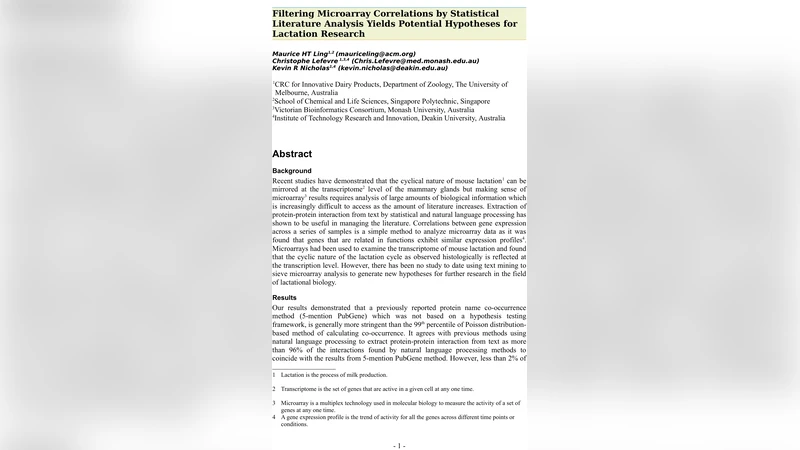 Filtering Microarray Correlations by Statistical Literature Analysis   Yields Potential Hypotheses for Lactation Research