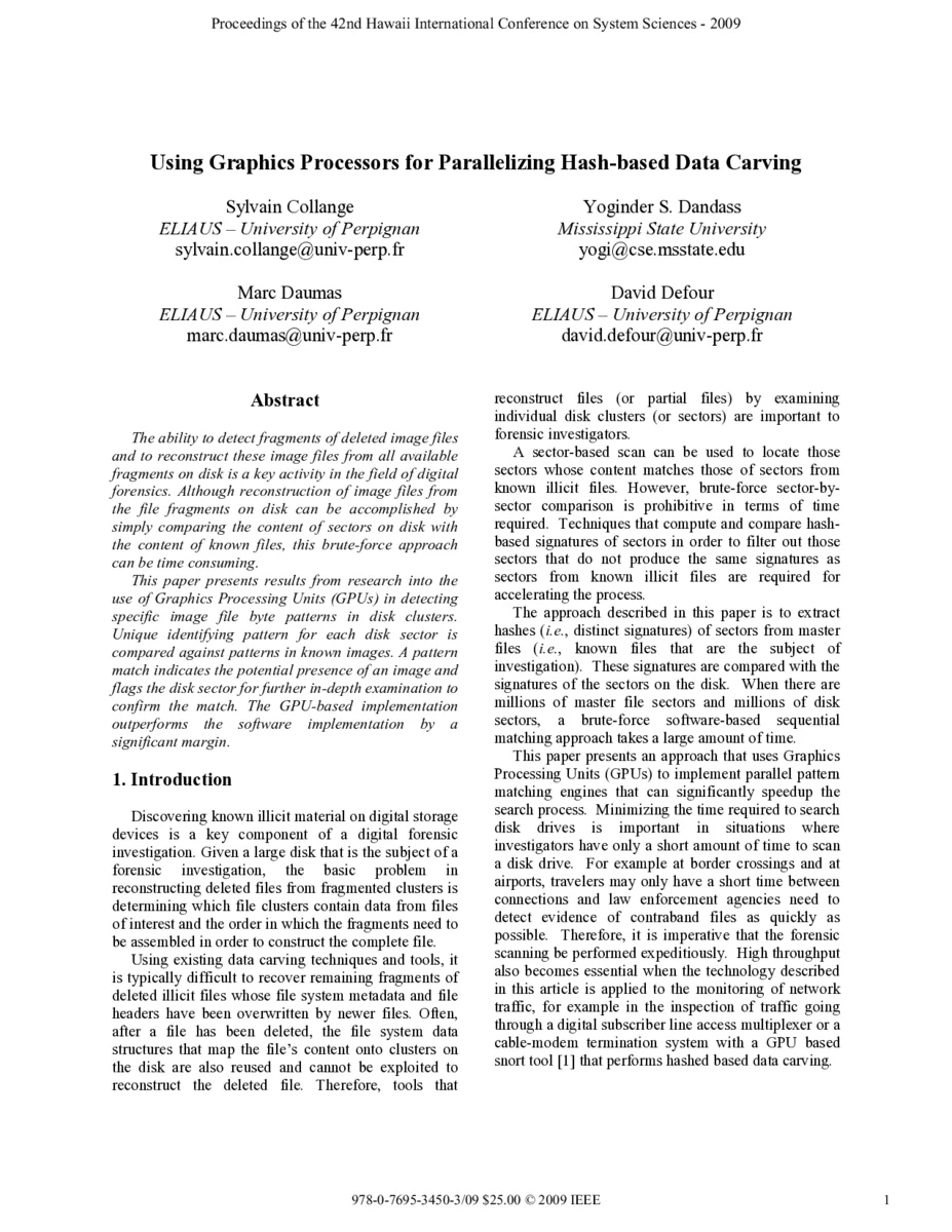 Using Graphics Processors for Parallelizing Hash-based Data Carving