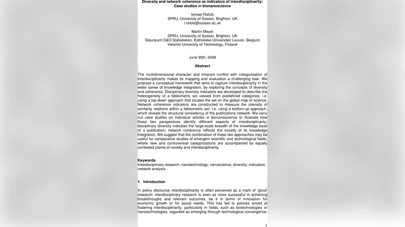 Diversity and network coherence as indicators of interdisciplinarity:   Case studies in bionanoscience