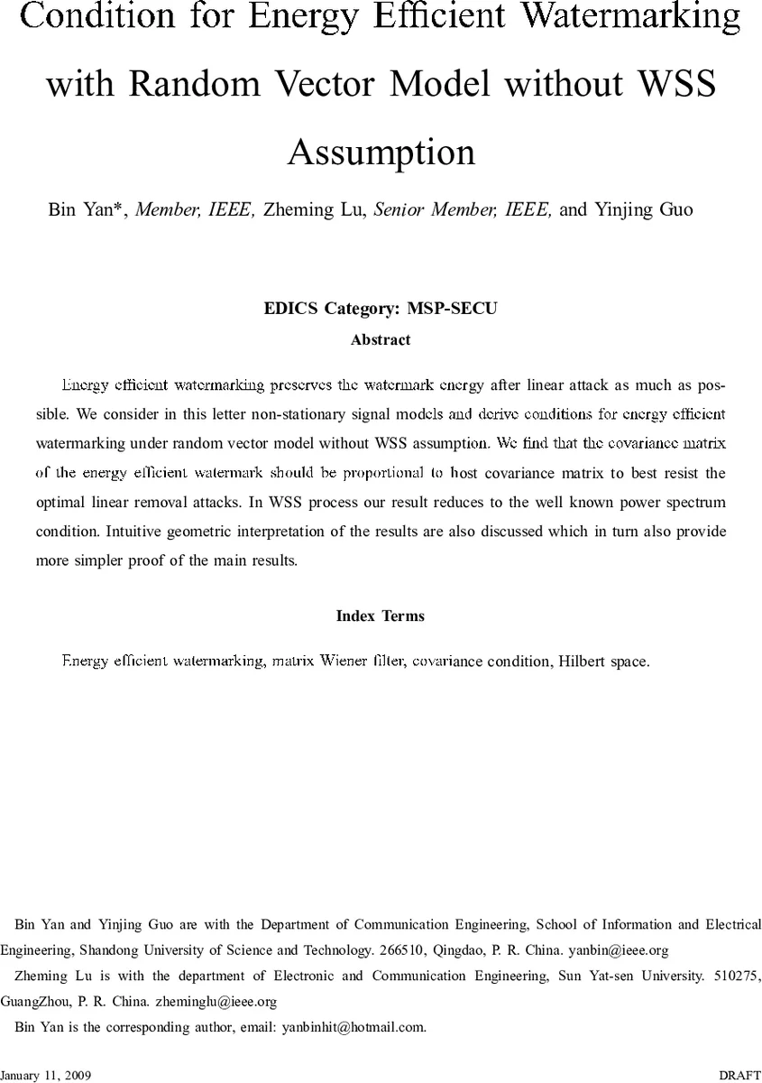 Condition for Energy Efficient Watermarking with Random Vector Model   without WSS Assumption