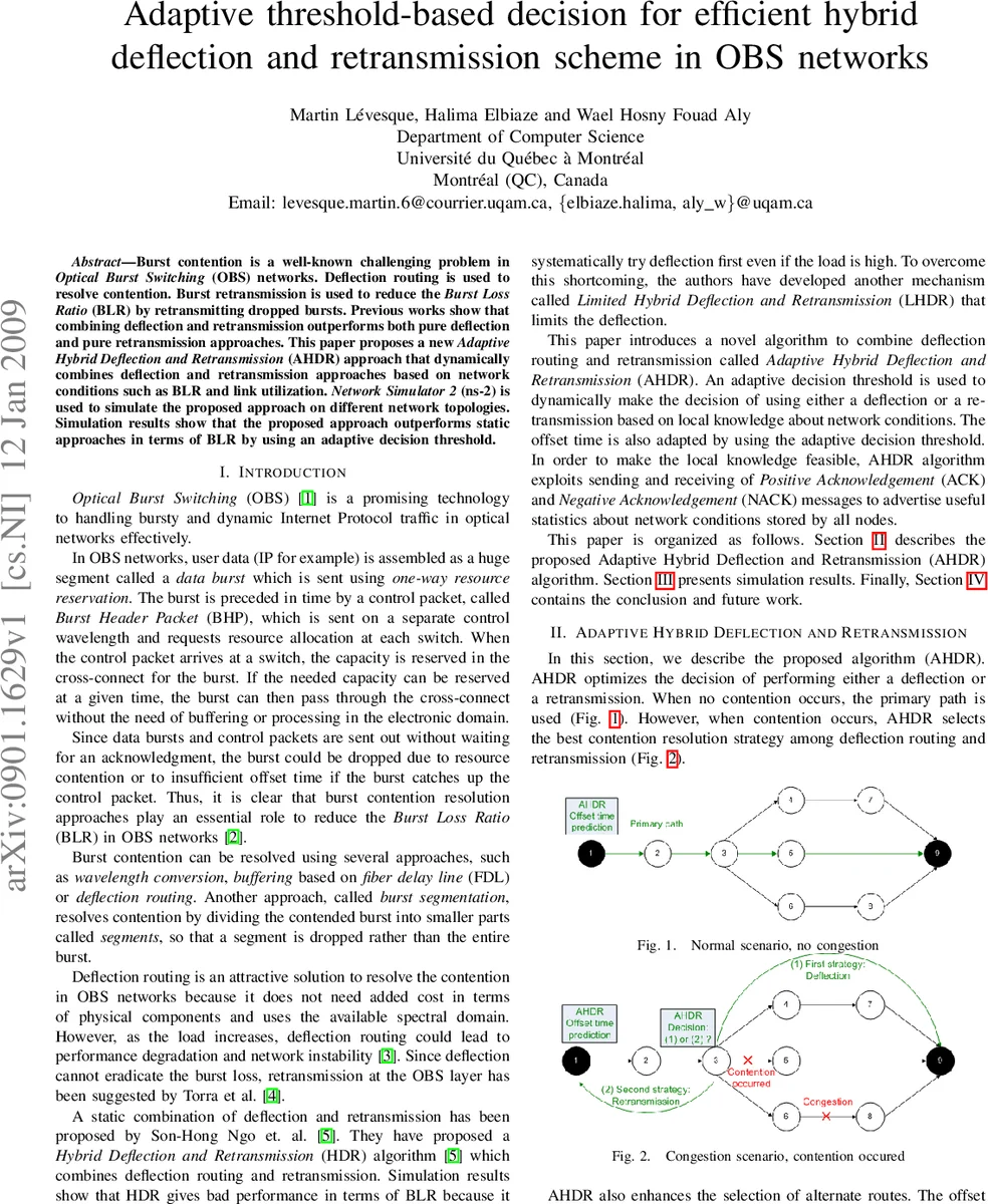 Adaptive threshold-based decision for efficient hybrid deflection and   retransmission scheme in OBS networks