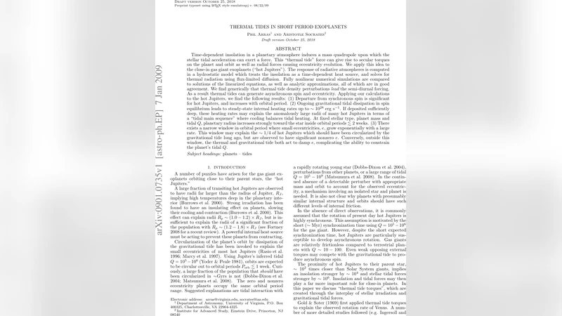 Thermal Tides in Short Period Exoplanets