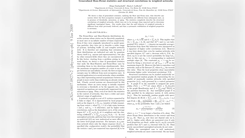 Generalized Bose-Fermi statistics and structural correlations in   weighted networks