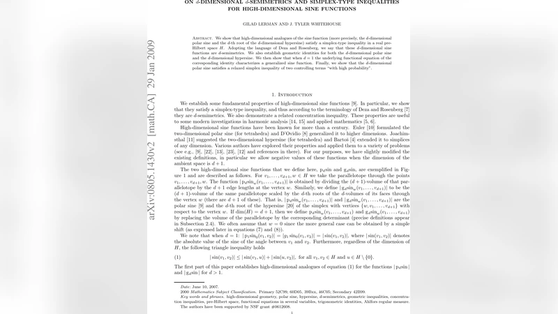 On d-dimensional d-Semimetrics and Simplex-Type Inequalities for   High-Dimensional Sine Functions