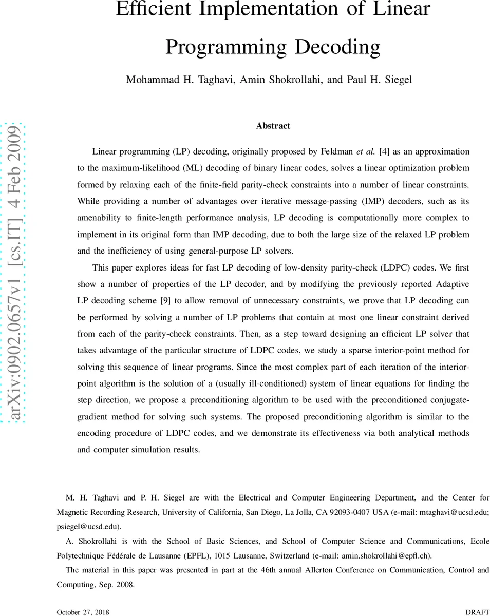 Efficient implementation of linear programming decoding
