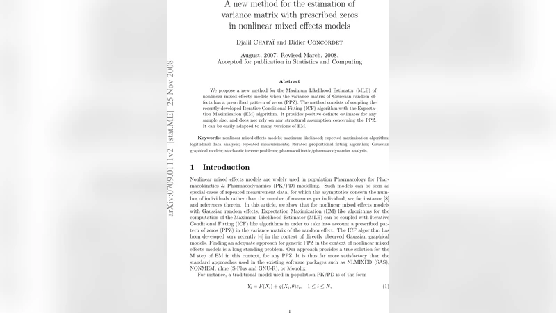 A new method for the estimation of variance matrix with prescribed zeros   in nonlinear mixed effects models