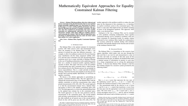 Mathematically equivalent approaches for equality constrained Kalman   Filtering