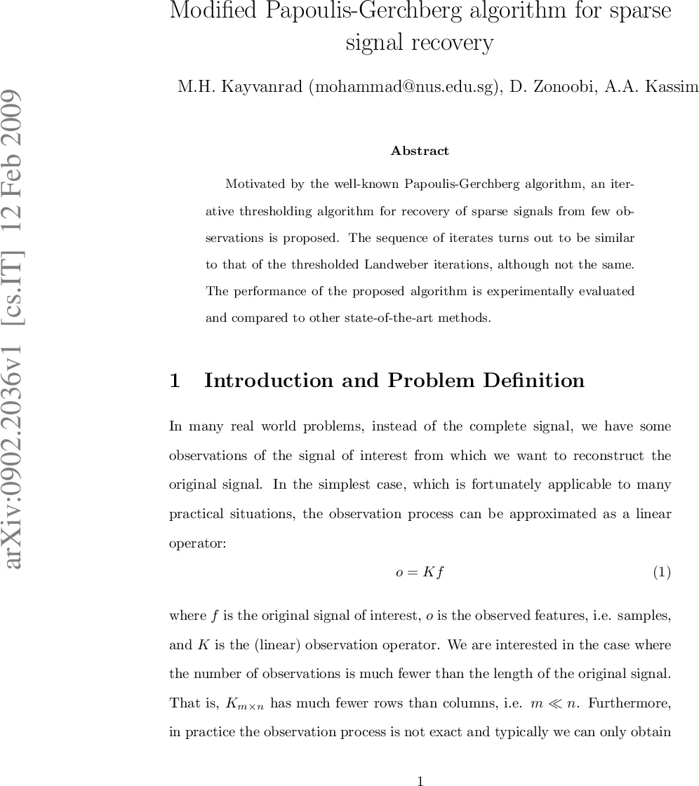 Modified Papoulis-Gerchberg algorithm for sparse signal recovery