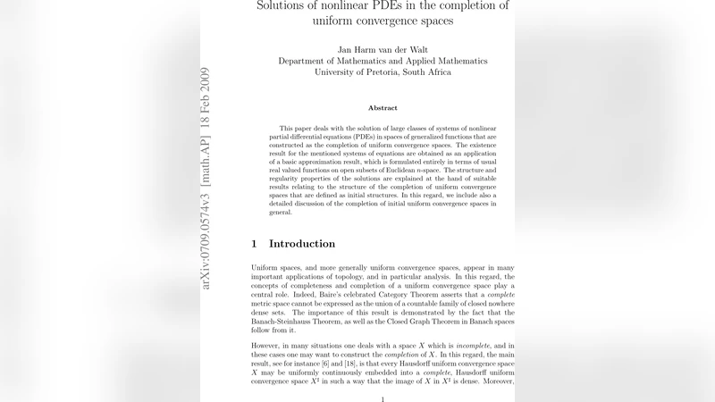 Solutions of nonlinear PDEs in the completion of uniform convergence   spaces