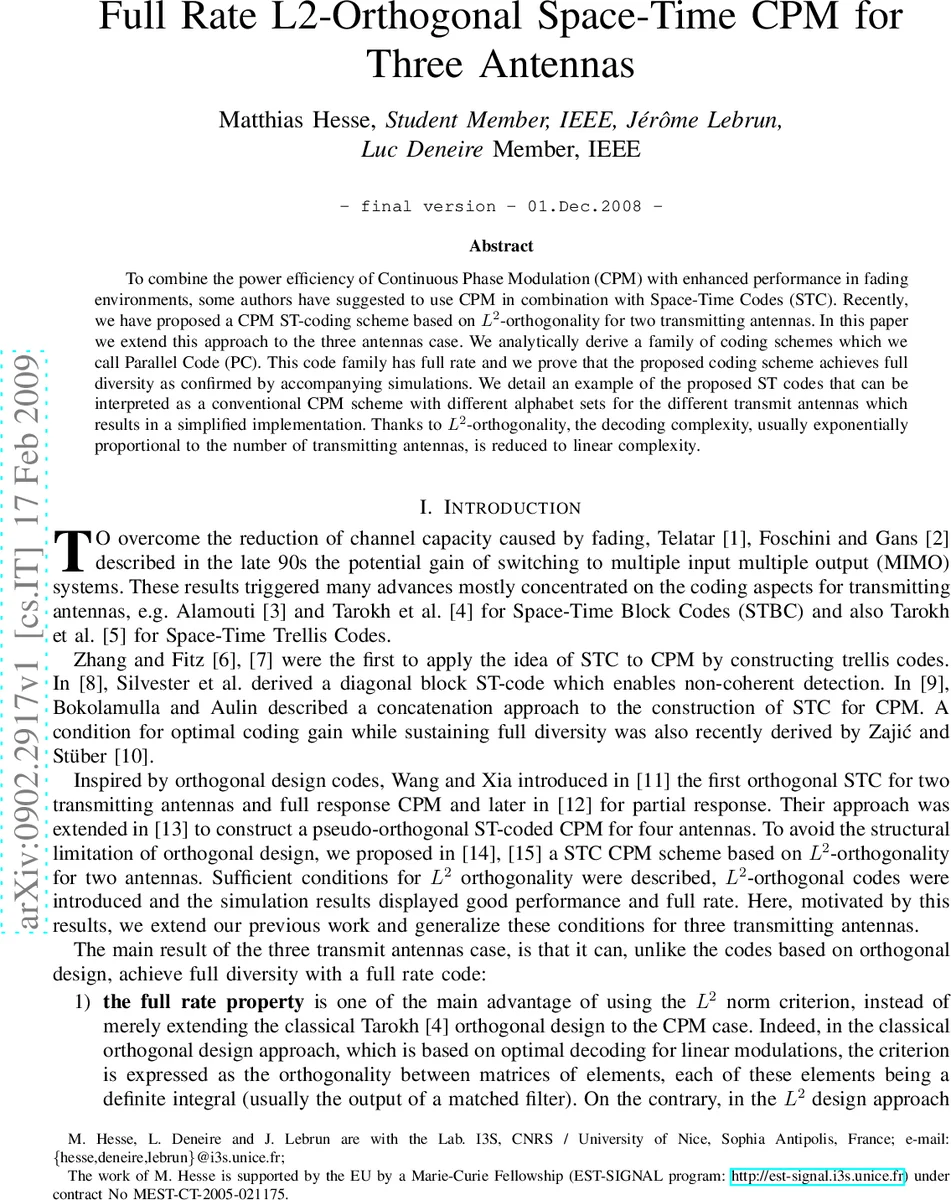 Full Rate L2-Orthogonal Space-Time CPM for Three Antennas