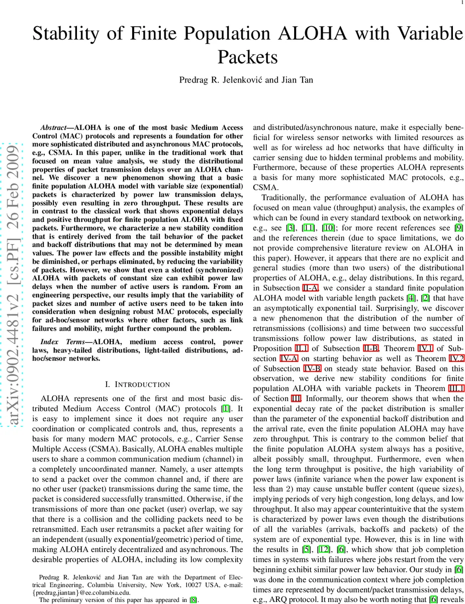 Stability of Finite Population ALOHA with Variable Packets