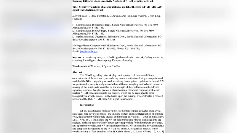 Sensitivity analysis of a computational model of the   IKK-NF-{kappa}B-I{kappa}B{alpha}-A20 signal transduction network